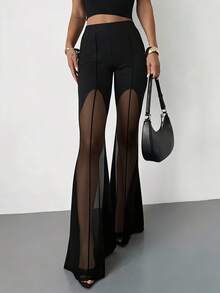 1 Stück einfarbige sexy Mesh-Freizeithose, neue Herbstmode, schmale Passform, sexy Damen-Schlaghose, Schwarz, Sommer - Schwarz - Übersicht 2