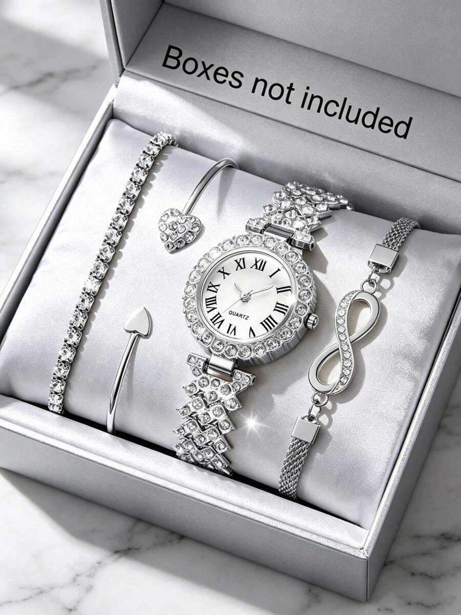 4PCS/3PCS Optional Accessories Women's Silver Rhinestone Watch Bracelet Set, Vintage Roman Dial White Face, Paired With Heart Bracelet, Single Row Rhinestone Bracelet And 8-Shaped Rhinestone Bracelet, Stainless Steel Material, Luxurious And Sparkling, Elegant And Noble, Perfect Gift For Girlfriend, Best Friend, Graduation, Anniversary, Suitable For Various Occasions, Easily Create A Noble Lady Style - Silver - View 1