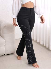 Women's Black Mid-To-High Waist Flared Jeans, Heavy Rivet Geometric Pattern Decorated Slim Fit Stretch Bell Bottom Pants, Fashionable Autumn New Clothing - Black - View 4