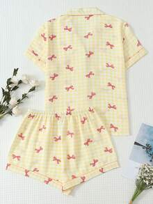 2pcs Women's Comfortable Plaid Bow Print Short Sleeve Collared Top And Bow Shorts Pajama Set, Spring/Summer - Yellow - View 2