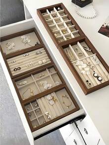 1pc Wooden Velvet Jewelry Tray, Jewelry Storage & Display Tray, Drawer-Style Earring Storage Box, Stackable Jewelry Storage Tray - Multicolor - View 6