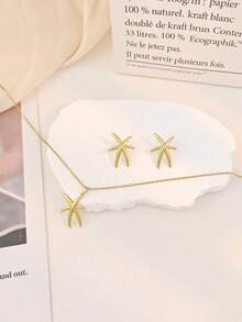 Women's Stainless Steel Jewelry Set, Textured Shell Starfish Heart Square Earrings And Pendant Necklace, Beach Accessories, Suitable For Party And Daily Wear Gift - Gold - View 3