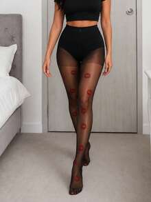 Women Sheer Black Pantyhose With Red Lip Print, High Stretch Thin Tights, Fashion Patterned Legwear For Party, Date & Daily Outfits - Multicolor - View 5