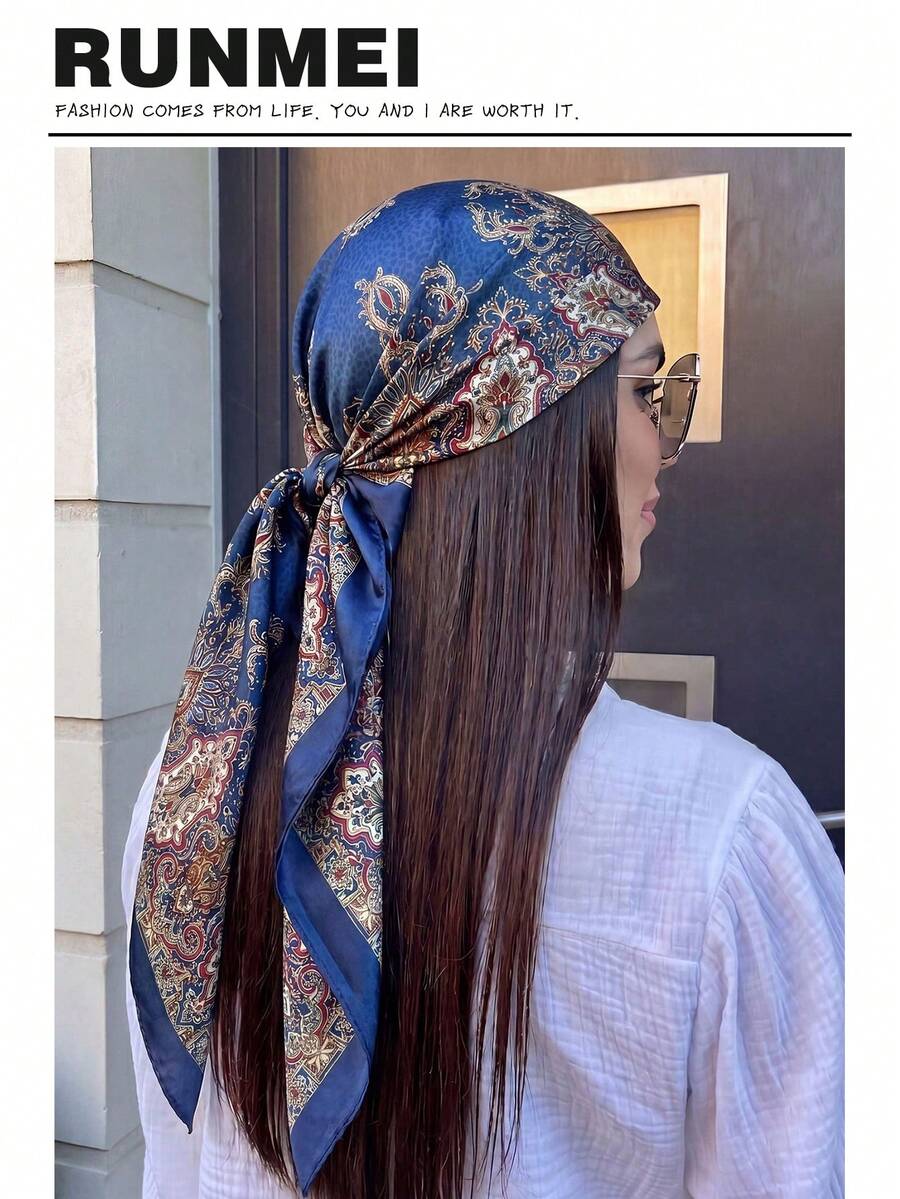 1件粉色極簡印花緞面方巾，春季新款時尚女款髮飾圍巾，可用作腰帶、絲帶、髮帶或頭巾