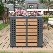 Garbage Can Enclosure, Horizontal Wood Grain Panels, Lockable, Two Doors, Planting Area, Diamond-Shaped Hollow Door Panel - Grey - View 3