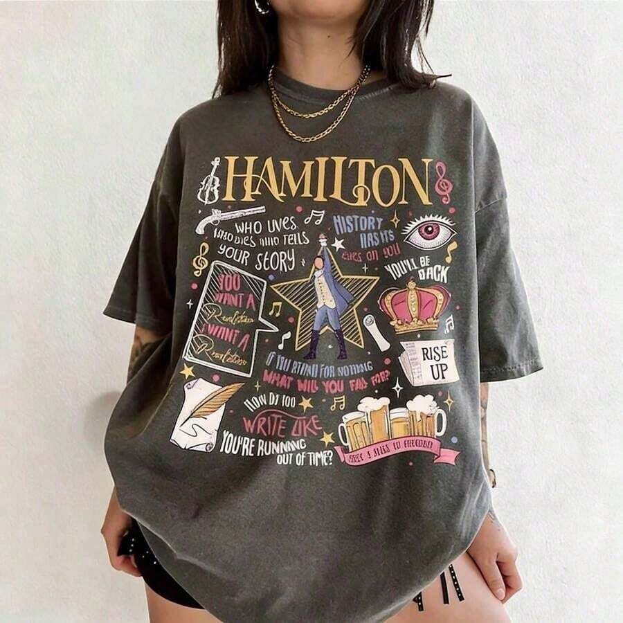 Camisetas de Algodón para Mujer, Camiseta Cómoda con Frase del Musical Hamilton,100% algodón Camiseta Inspirada en Lin-Manuel Miranda - Negro - Ver 1