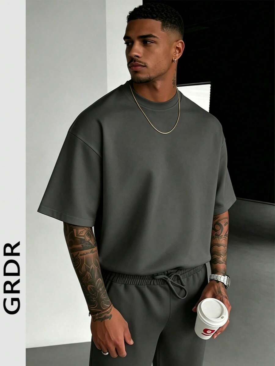GRDR Herren Casual Rundhals Kurzarm T-Shirt, bequem & modisch - Dunkelgrau - Übersicht 1