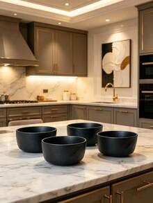 Set Of 4 Handmade Black Ceramic Bowls With Wavy Texture, Suitable For Dinner, Oatmeal, Salad, Soup, Ideal For Home Kitchen, Restaurant, Picnic And Camping, Microwave And Dishwasher - Black - View 2