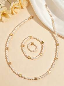 3 piezas/Set Collar de perlas falsas con corazón dulce para niños, conjunto de joyas, adecuado para el uso diario de niñas, regalo - Unitalla - Ver 1