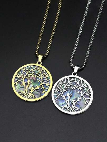 Mother Child Tree Of Life Abalone Shell Pendant Necklace For Women Men Stainless Steel Love Family Healing Charm Chain Jewelry