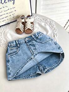 Saia Denim Lavagem Clara Simples para Menina Jovem, Saia Mini Denim Sem Forro, Moda Minimalista Clássica com Cintura Meio Elástica e Cordão Ajustável, Adequada para Todas as Estações - Lavagem clara - Visão 13
