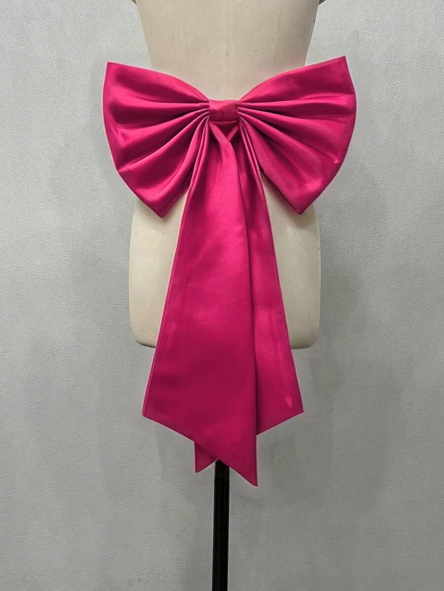 1件裝 玫瑰紅緞面單層後蝴蝶結 39cm+ 長緞帶 55cm 腰部布料裝飾配件 - 彩色 - 查看 1