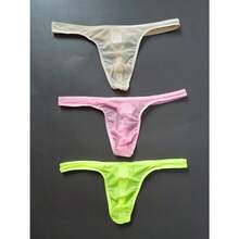 3-Pack, Men's Mesh Transparent Sexy Thong - Pink + Green + Apricot - View 3