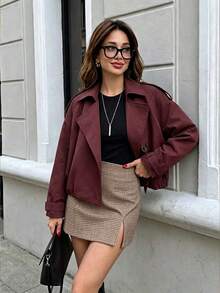 Button Long Sleeve Minimalist Trench Coat, Elegant College Style For Commute And Daily Wear - Burgundy - View 3