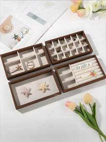 1pc Wooden Velvet Jewelry Tray, Jewelry Storage & Display Tray, Drawer-Style Earring Storage Box, Stackable Jewelry Storage Tray - Multicolor - View 3
