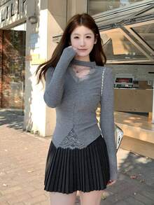 Korean Style Elegant Lace Patchwork V-Neck T-Shirt Women Spring Autumn Sweet Hot Girl Top - Grey - View 4