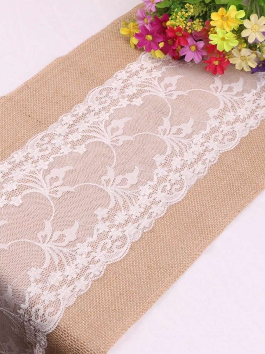 1 Stück Tischläufer-Set aus Jute und Spitze - 100% gewebter Jute-Stoff, quadratisch, rustikaler Landhausstil, geeignet für Hochzeit, Thanksgiving, Weihnachtsfeier Dekoration - Hellgelb - Übersicht 1