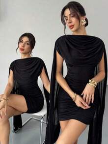 Vestido elegante y casual con cinta fluida y delgada, vestido de festival/vestidos elegantes para fiesta/atuendos de Acción de Gracias para m - Negro - Ver 1