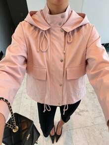ZAHM Pink Hooded Utility Jacket, Drawstring Waist Casual Versatile Outerwear - Pink - View 4