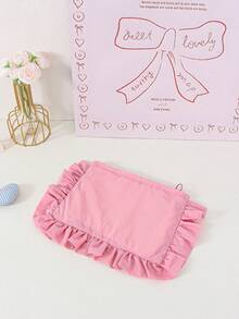 Cute Ruffle Trim Cosmetic Bag Plain Makeup Bag Portable Toiletry Bag Travel Makeup Clutch Pouch Grid Pattern Make Up Bag Zipper Handbag Brushes Holder - Multicolor - View 15