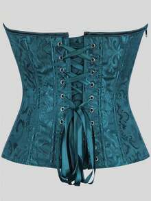 Women's Court Style Corset Top, Boned Waist Cincher, Bust Support, Sexy Jacquard Vintage Body Shaping Top, Halloween Costume, Role Play, Party Outfit, Green Corset Top - Teal Blue - View 3