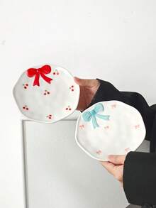 1/2/4pcs Embossed Cute Bow Ceramic Plates, Korean Style Minimalist Ceramic Plates, Afternoon Tea Dessert Plates, Coffee Cup Trays, Breakfast Plates, Casual Snack Plates, Cake Plates, Candy Plates, Gift Tableware, Plates, Suitable For Various Scenes Office, Restaurant - Multicolor - View 4