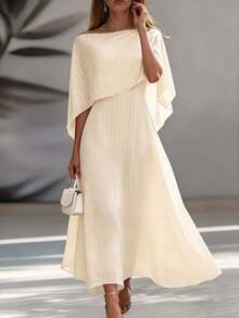Fashionable Women's White Asymmetrical Neckline Pullover Design Flowy Long Dress, Suitable For Elegant Occasions - Apricot - View 3
