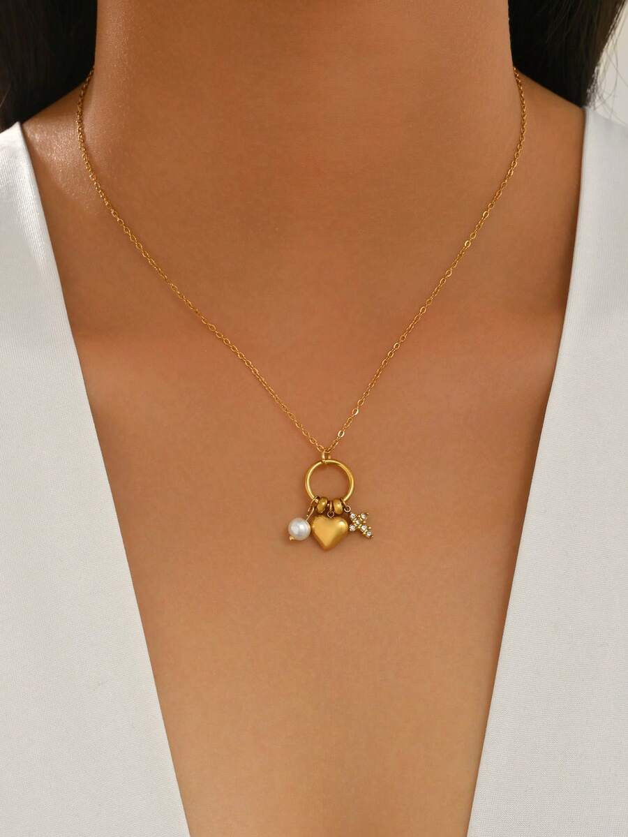 LIEBEIRIS 1 pieza Collar de acero inoxidable con corazón, cruz y perla chapado en oro de 18K para mujer, adecuado para uso diario y como regalo - Amarillo Oro - Ver 1