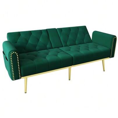 Convertible Double Sofa Bed With Reclining Function, Three Reclining Positions, And Cup Holders. Ideal For The Living Room, Bedroom, Home Theater, Or Guest Room. Upholstered In Beige Fabric.