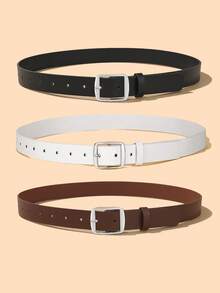 2pcs/3pcs Set White K-Color Square Buckle Fashion Decorative Versatile Suitable For Daily Use PU Belt Set - Multicolor - View 6
