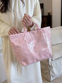 現代新款 PVC 防水女用便攜托特包，時尚精緻百搭，便攜通勤/度假包 - 粉色 - 查看 4