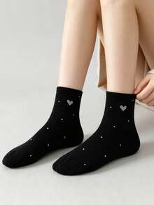 5Pairs Women Sweet Heart Dot Ribbed Crew Socks, Soft Breathable Daily Casual Ankle Socks, Multi Color Fashion Matching Socks - Multicolor - View 5