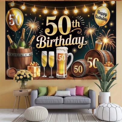 1pc Black Gold Beer 50th Birthday Banner, Made Of Polyester, Suitable For 50th Birthday Parties, Anniversary Celebrations, Friend Gatherings, Weddings, Birthdays, Indoor And Outdoor Decorations, Gardens, Courtyards, And General Themes.