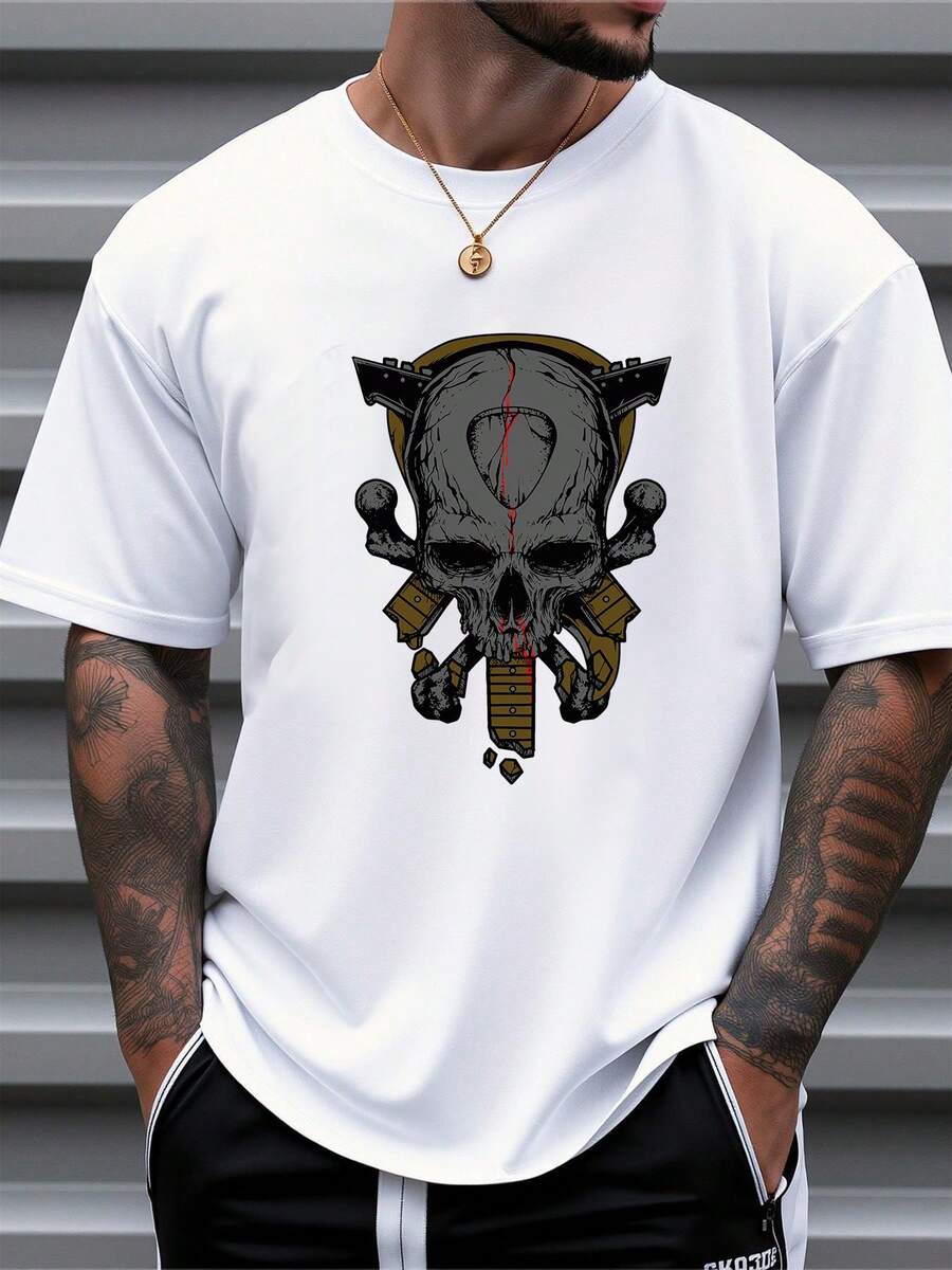 Men's Pure Cotton Oversized Short-Sleeve T-Shirt Skull Graphic Print Casual Streetwear Tee - White - View 1