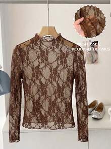 Atasan Zelie Wanita Lengan Panjang Berenda Cokelat, Berenda Transparan, Gaya Berlapis untuk Liburan - Coffee Brown - View 3