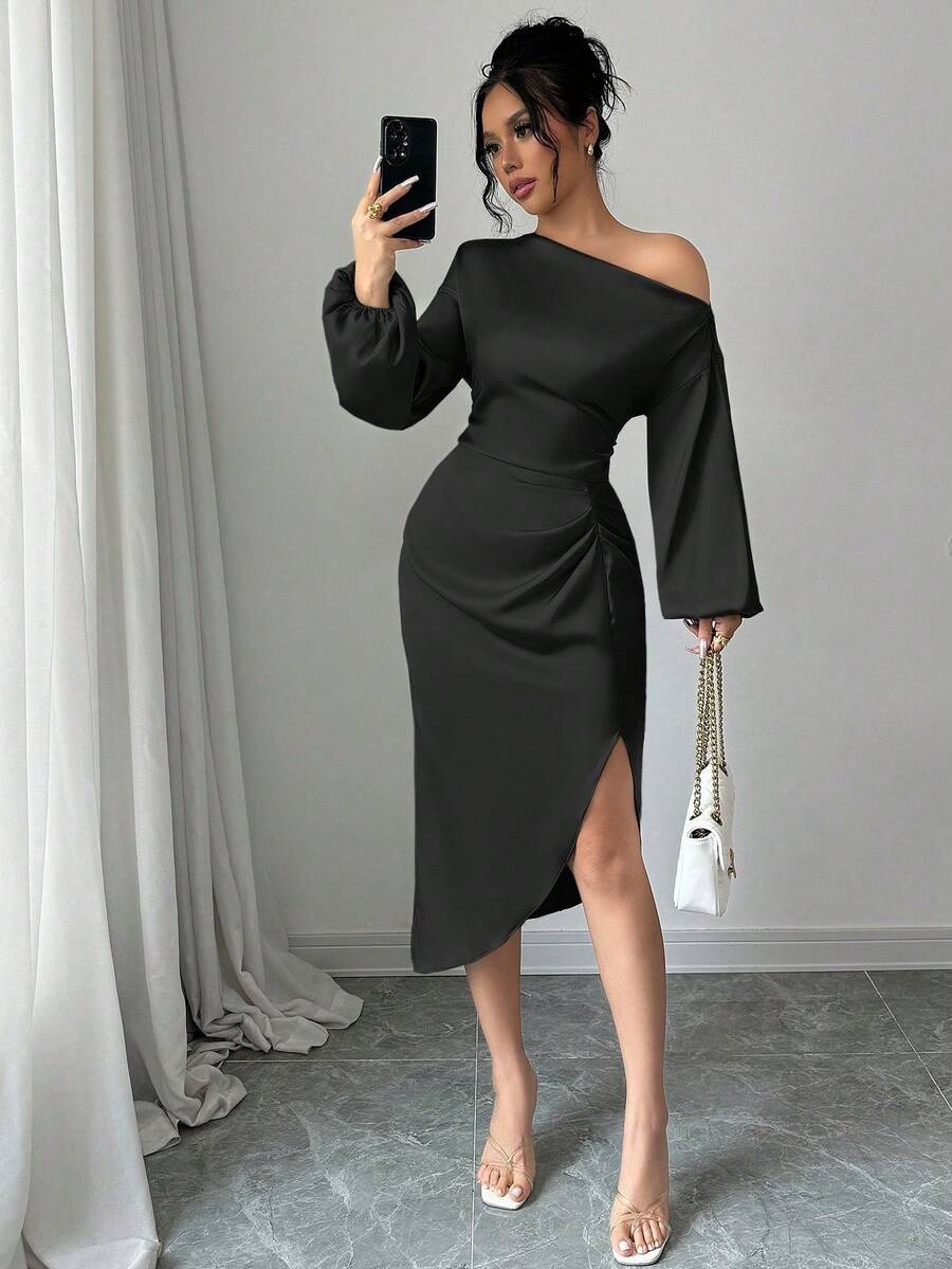 abyoxi Vestido de satén sexy con cuello asimétrico elegante, manga larga, cintura ceñida, plisado hecho a mano, color púrpura-azul, para fiestas, ocasiones minimalistas, fiesta de boda - Negro - Ver 1