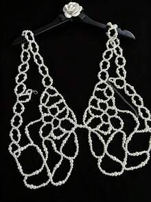 DEKUNER Corrente de corpo Y2K feita à mão com contas pretas em forma de borboleta, top harness de malha de rede oca em camadas, acessório de peito gótico ajustável - Preto - Ver 4