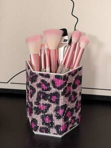 1pc Rhinestone Leopard Print Hexagonal Makeup Brush Holder, Large Capacity, Surface Embedded With Colorful Rhinestones, Luxurious Sparkling Style, Full Rhinestone Pattern, Hexagonal Column Shape, Neat Edge Details, Makeup Tool Container, Suitable For Bedroom Vanity, Makeup Room Desktop And Other Scenes - Multicolor - View 11