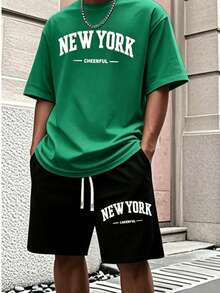 Men'S New York Casual Short Sleeve Black With White Lettering Casual Style| Comfortable Fit, PLUS SIZE  Men's Casual Outfit, Cotton Sportswear Set - 綠色 - 查看 7