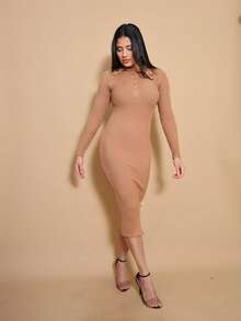 Helena Long-Sleeved Modal Knit Midi Dress For Autumn/Winter - 摩卡棕 - 查看 2