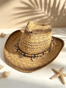 1pc Bohemian Mixed Color Beaded Hollow Panama Straw Hat, Casual Protective Decorative Sun Hat, Fashionable Versatile, Suitable For Outdoor Activities, Fashion Women's Hat, Women's Country Hat, Women's Hat, Suitable For All Seasons, Holiday Gift, Mother's Day Gift For Mom, Valentine's Day, Suitable For Vacation, Photography, Gift For Women - Multicolor - View 6