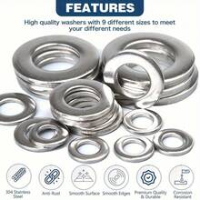 600pcs Polished Flat Washers Assortment Set, M2 To M12 Sizes With Storage Box, Metal Gasket Fasteners For Home Decoration, Kitchen Repairs, Industrial Maintenance & Daily Hardware Applications - A - View 3