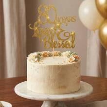 1pc 80th Birthday Cake Topper, Gold Glitter "80 Years Loved & Blessed" Cake Decoration For Anniversary Party, Elegant Birthday Party Supplies - Multicolor - View 7