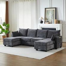 Canapé modulable en chenille, canapés d'angle pour le salon, canapé d'angle en U avec pouf de rangement, canapés d'angle 6 places avec méridienne - Gris - Voir 5
