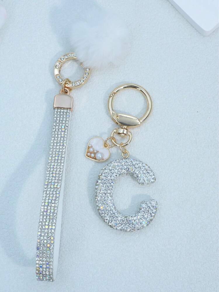 1 buah Gantungan Kunci Huruf Rhinestone dari Tanah Liat Lembut Warna Pink, Liontin Lucu yang Dapat Dipersonalisasi, Aksesori Tas Wanita, Gantungan Kunci Mobil, Dekorasi Hati, Hadiah untuk Ibu, Teman, Hari Valentine - Putih - View 4