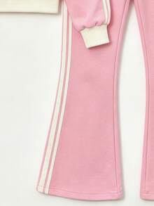 Young Girl Casual Minimalist Pink Mini Cartoon Pattern Colorblock Cream Apricot Striped Short Sleeve Crew Neck Long Sleeve And Pants Set - Pink - View 5
