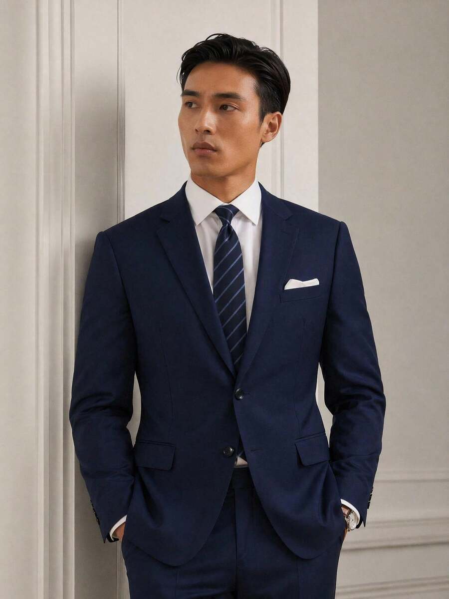 Men's Blazer Gentleman Solid Jacket Long Sleeves - Navy Blue - View 1