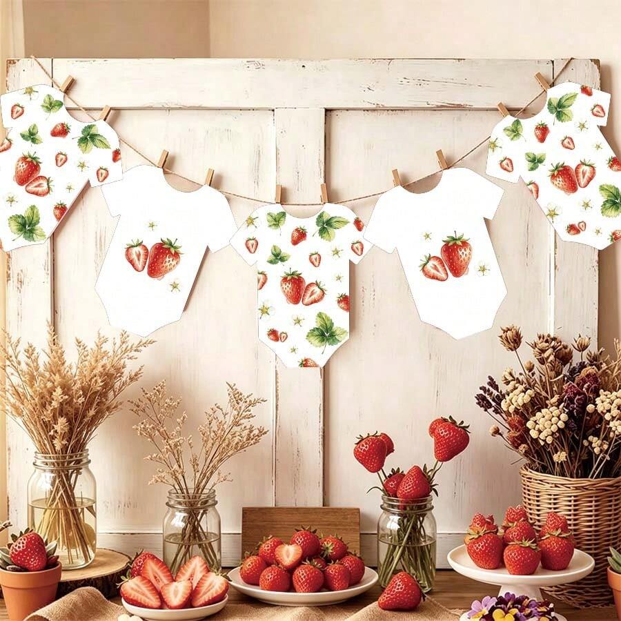 Baby Paper Banner, Strawberry Theme Banner - Strawberry Theme Baby Shower Decoration Shaped Card Set, Includes Clips And Twine, Suitable For Gender Reveal Party, Baby Shower, Birthday Party Decoration - Multicolor Strawberry Banner - View 1