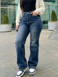 Women's Vintage Minimalist Elastic Waist Casual Loose Straight Leg Denim Jeans Fall - Dark Wash - View 4