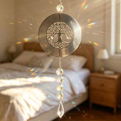 Tree Of Life Crystal Prism Suncatcher, Rotating Metal Wind Chime Window Hanging Decor, Unique Spiritual Housewarming Birthday Gift